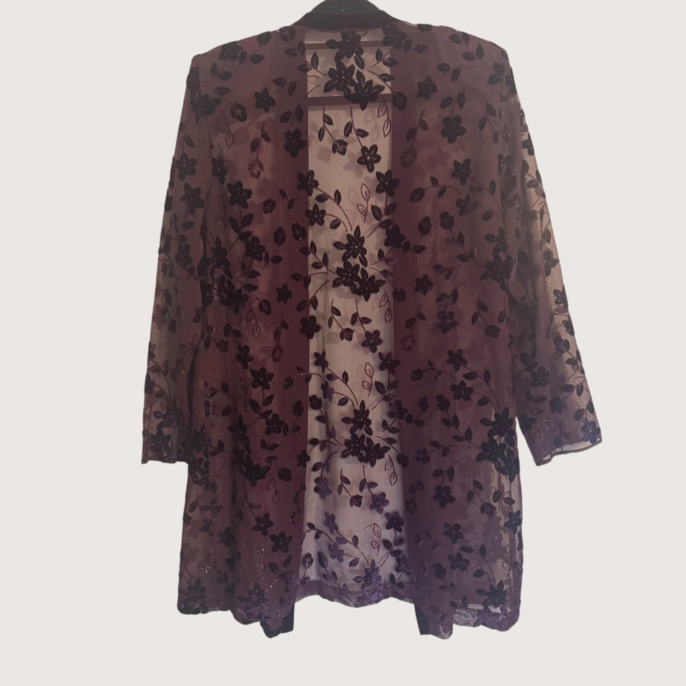 Plum Purple Velvet Burnout Floral Sheer Mesh Duster Cardigan Whimsigoth L XL